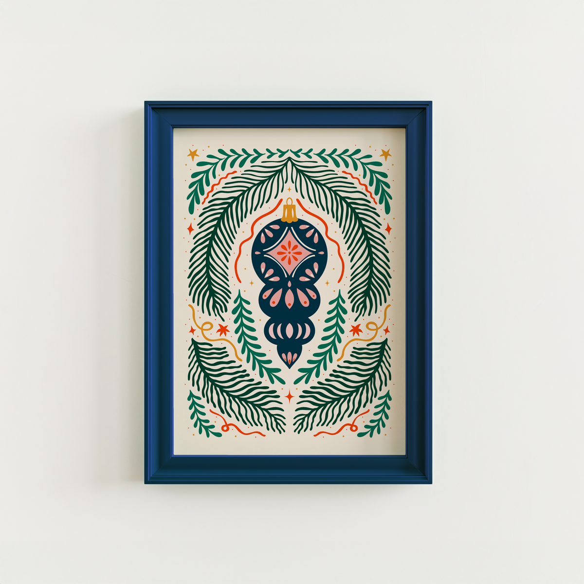 A detailed Christmas illustration print, featuring a traditional style Christmas bauble in the centre of the page with a symmetrical design or fir, ribbons and stars around it.