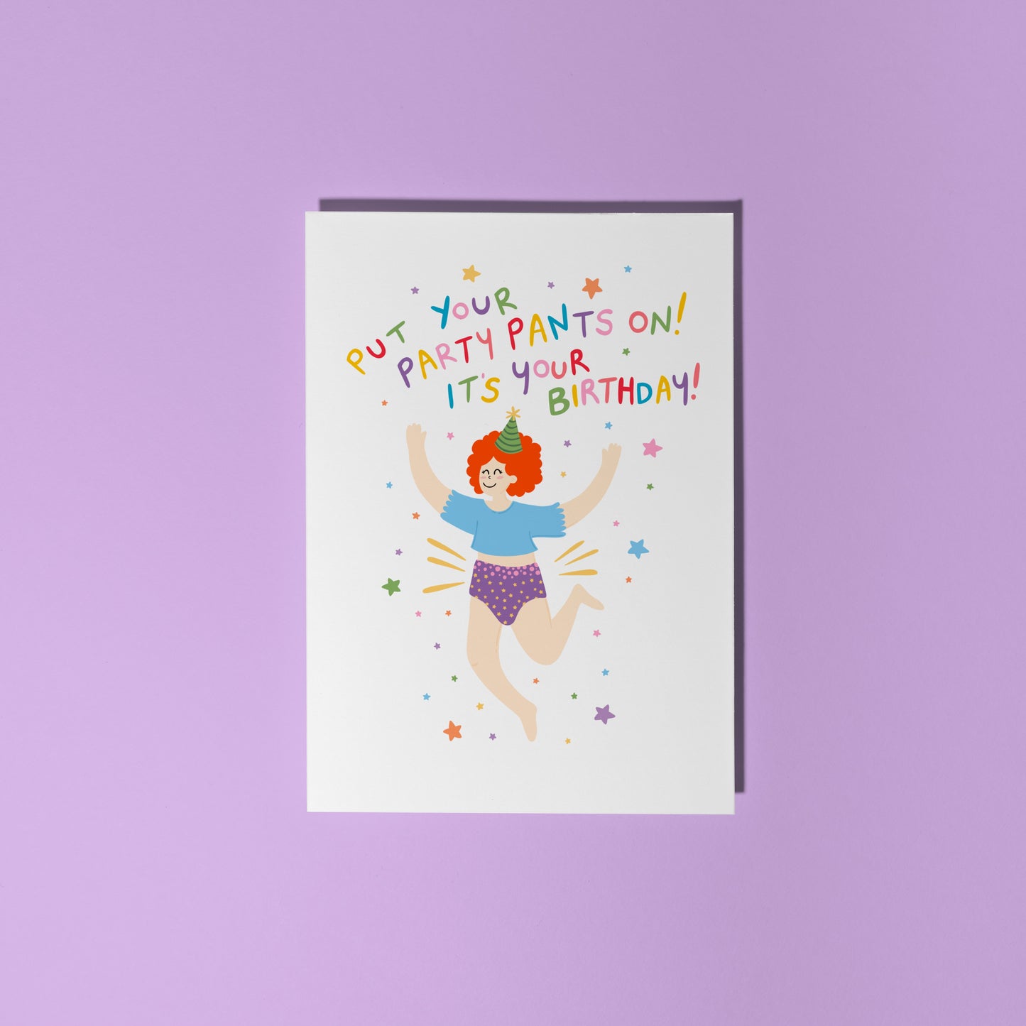 Birthday card with illustration of a woman and text on a purple background