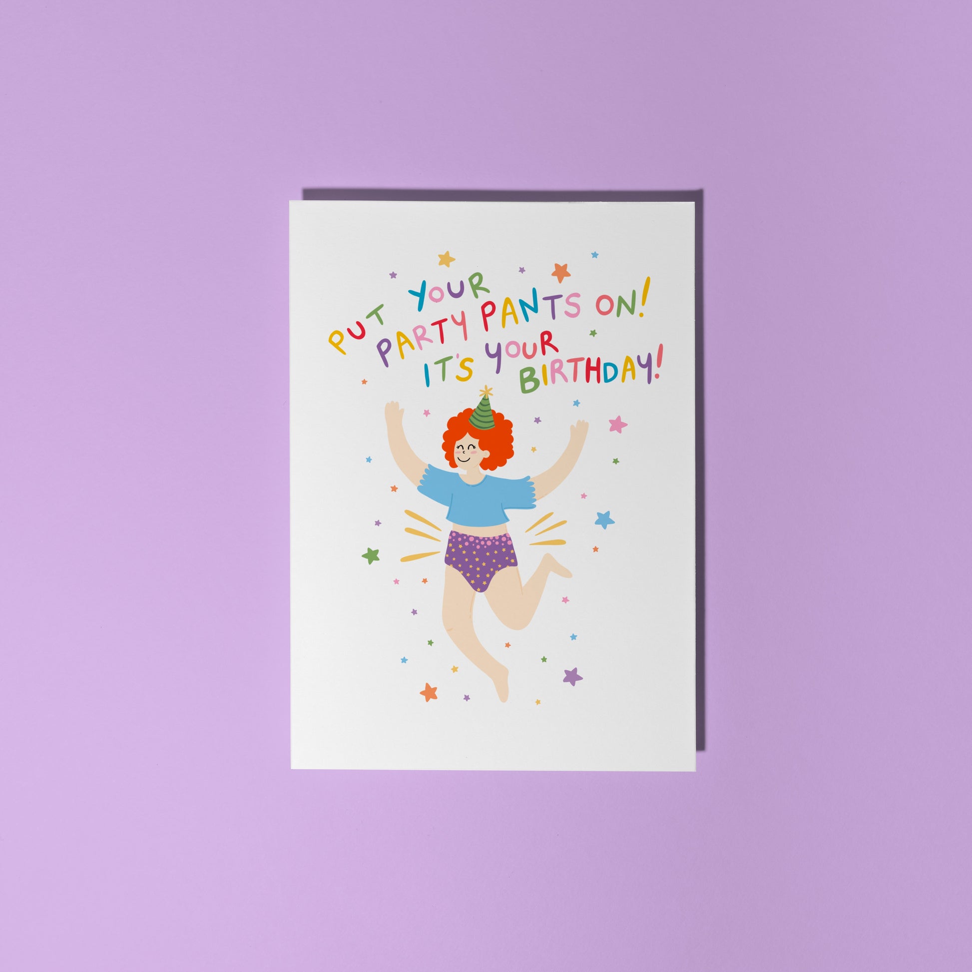 Birthday card with illustration of a woman and text on a purple background