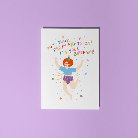 Birthday card with illustration of a woman and text on a purple background