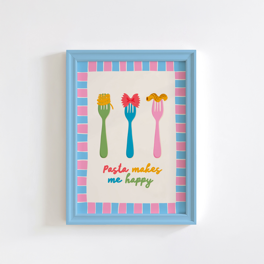 A colourful kitchen print with illustrations of pasta on forks, and a pasta lover quote. Framed by a hand drawn pink and blue border.