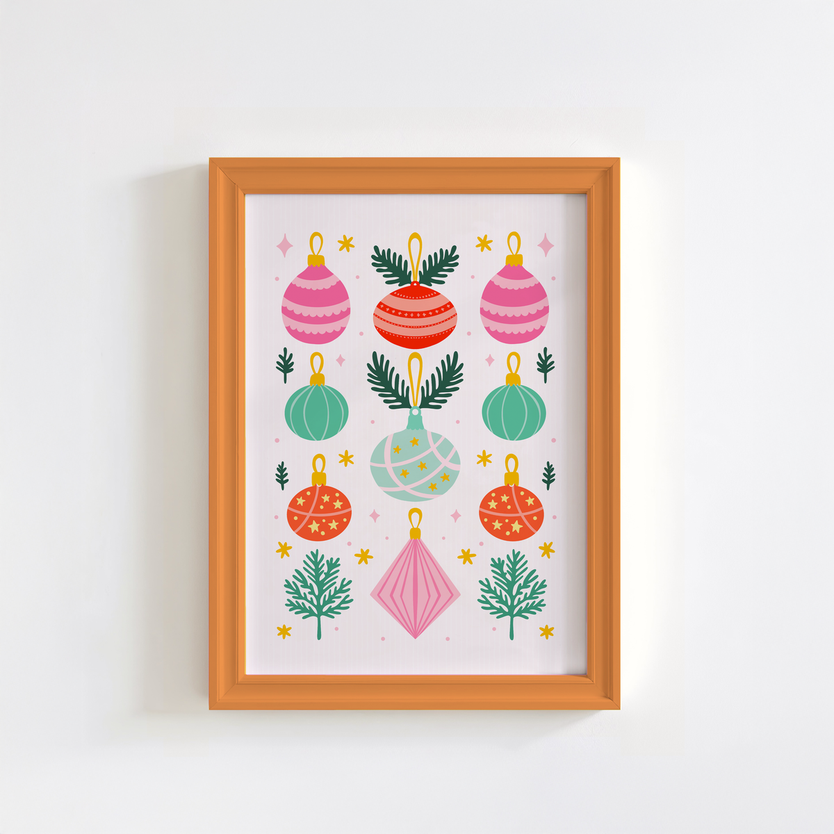 An illustrated Christmas print with 9 brightly coloured baubles, with sprigs of pine decorating the page.