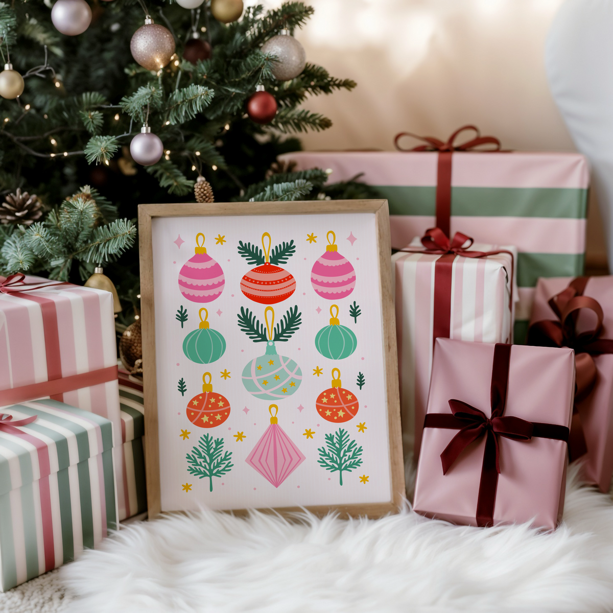 An illustrated Christmas print with 9 brightly coloured baubles, with sprigs of pine decorating the page.