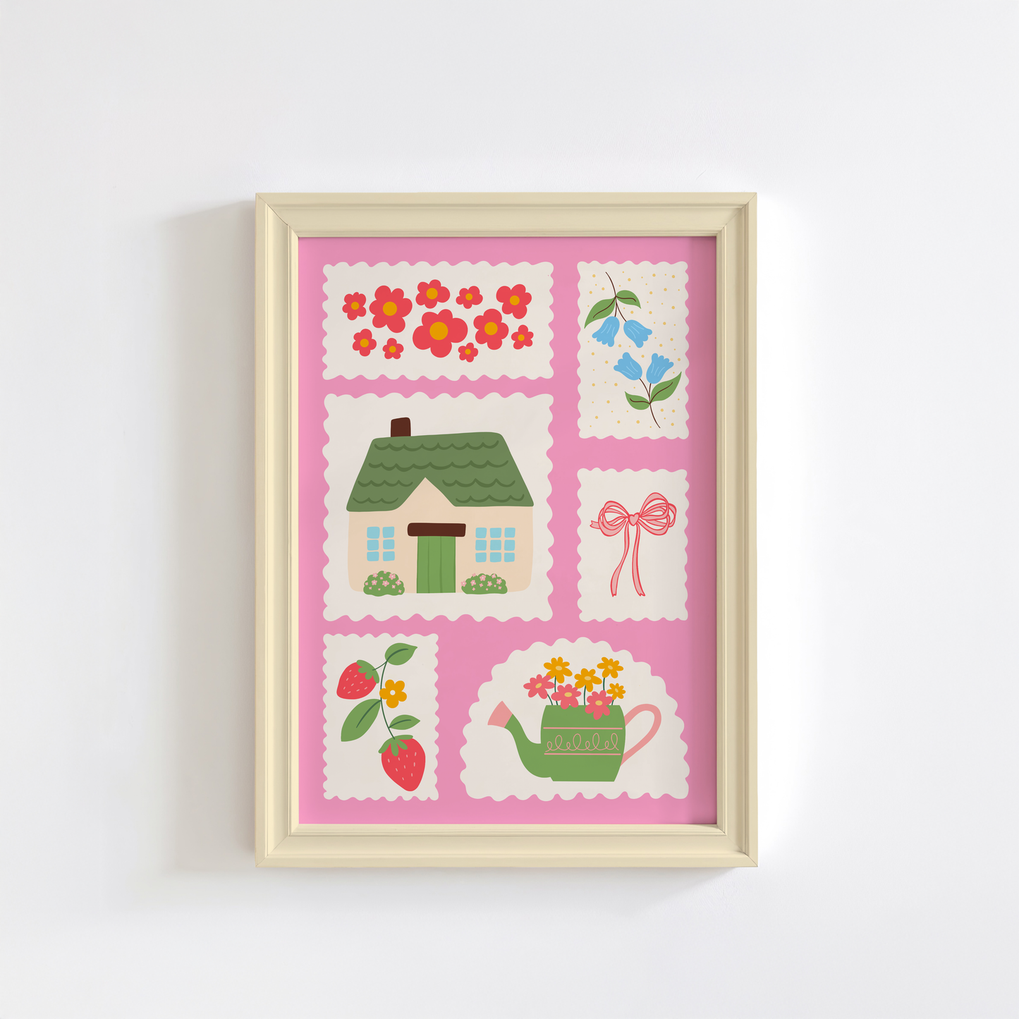 Several cute cottagecore elements drawn as postage stamps on a bright pink background.