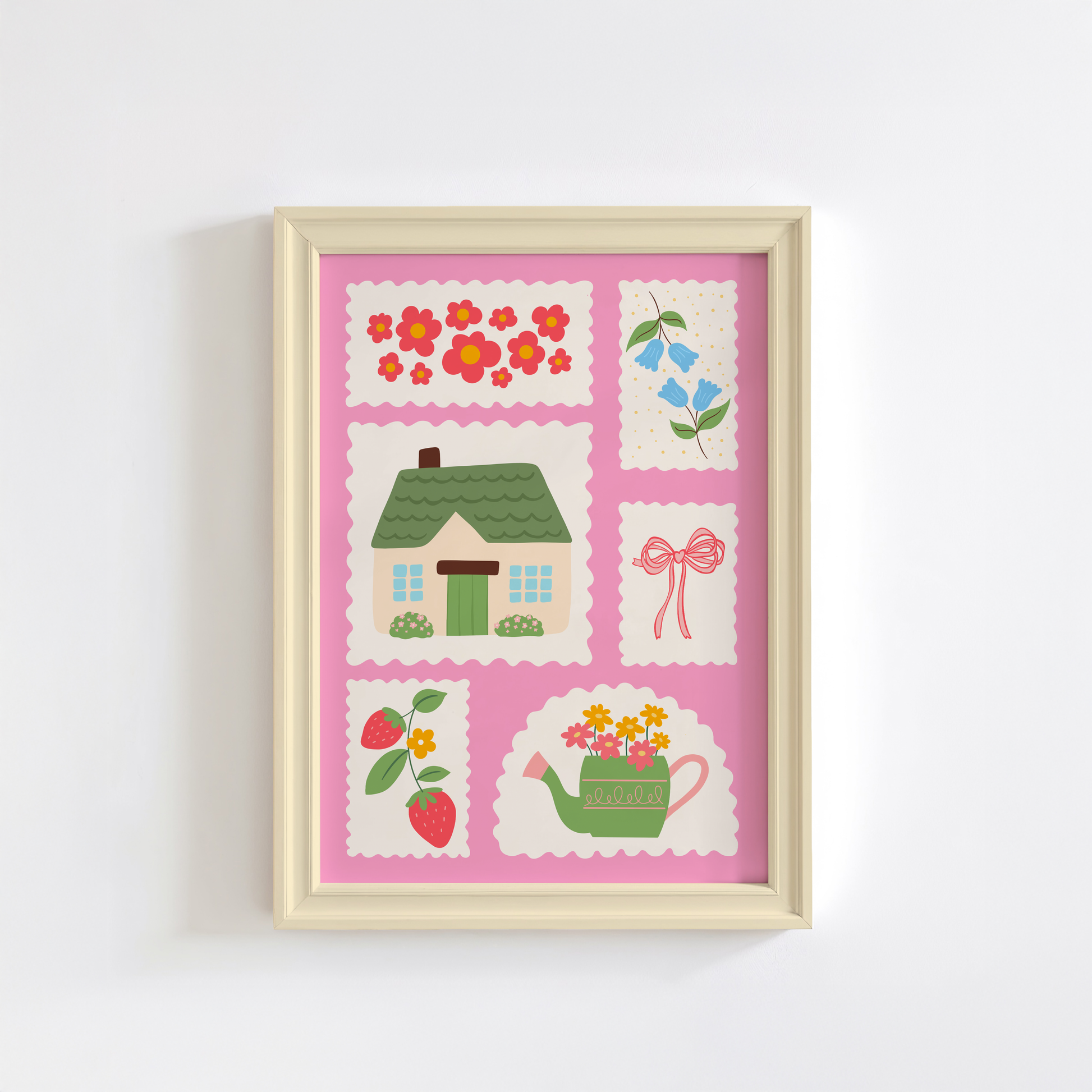 Several cute cottagecore elements drawn as postage stamps on a bright pink background.