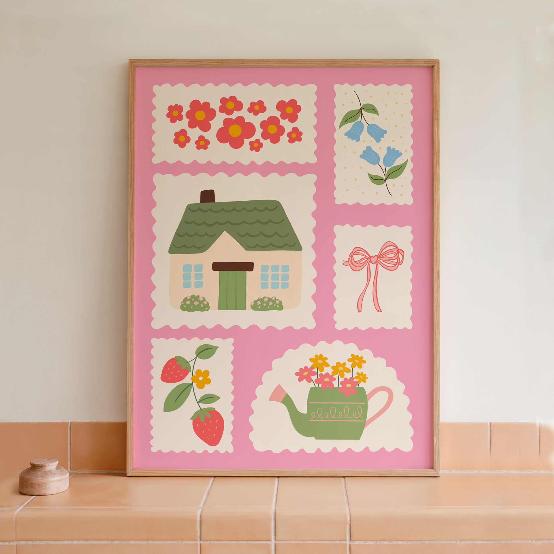 Several cute cottagecore elements drawn as postage stamps on a bright pink background.
