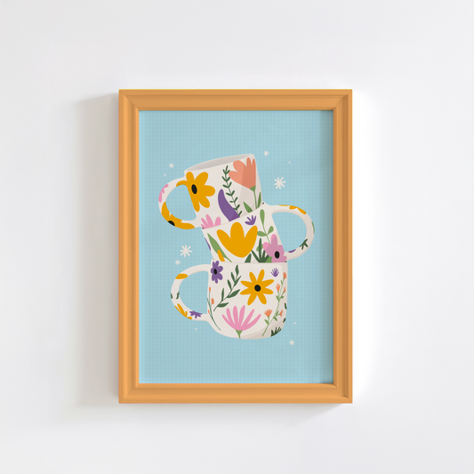 Stacked Floral Mugs Art Print – Blue Kitchen Wall Art