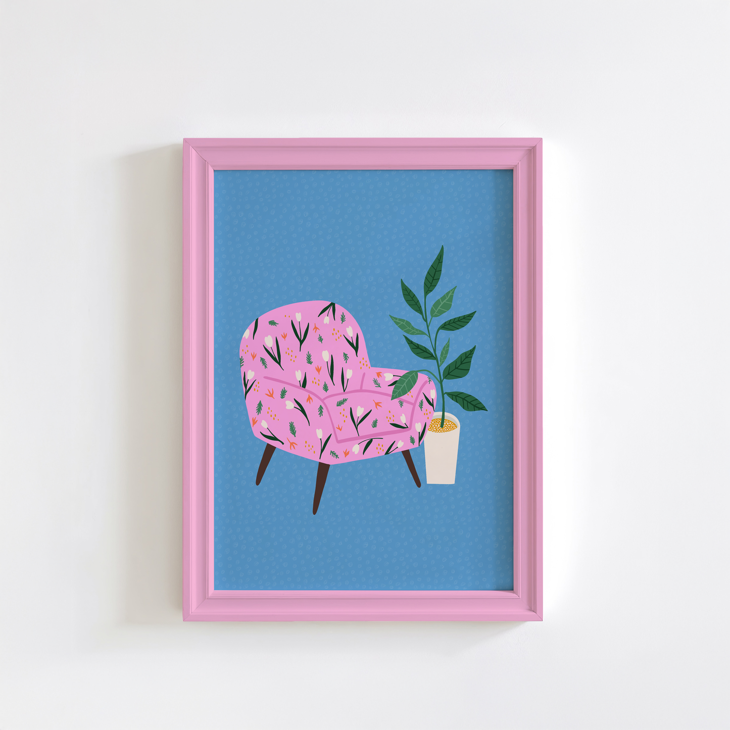 An illustration of a pink armchair, on a blue patterned background, next to a potted plant, shown in a frame.