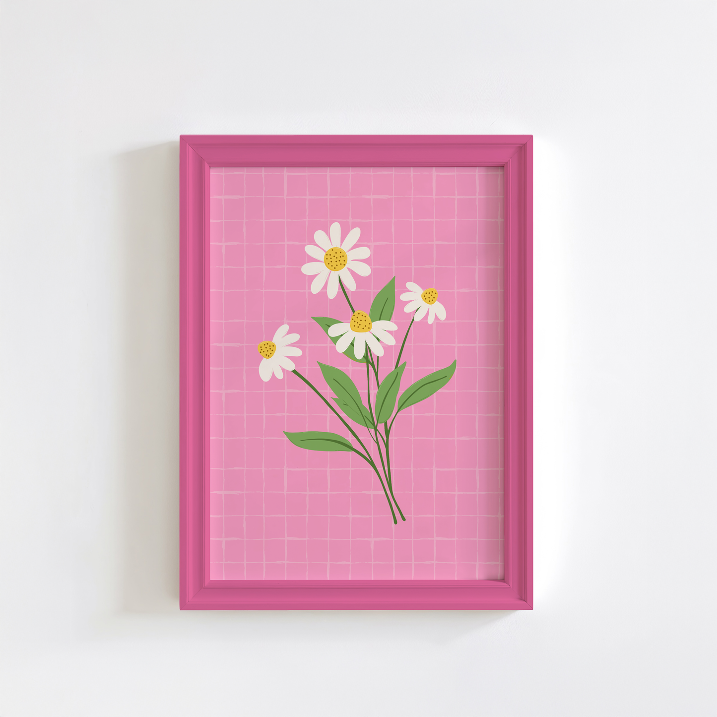 A bright pink print, with an illustration of a bunch of daisies on it.