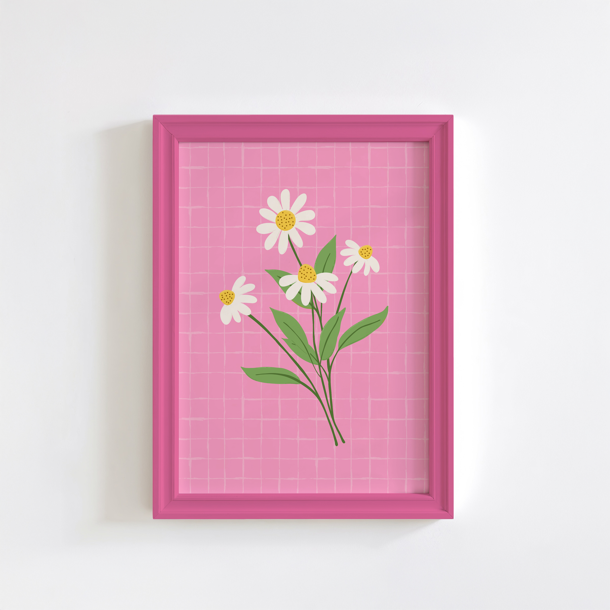 A bright pink print, with an illustration of a bunch of daisies on it.