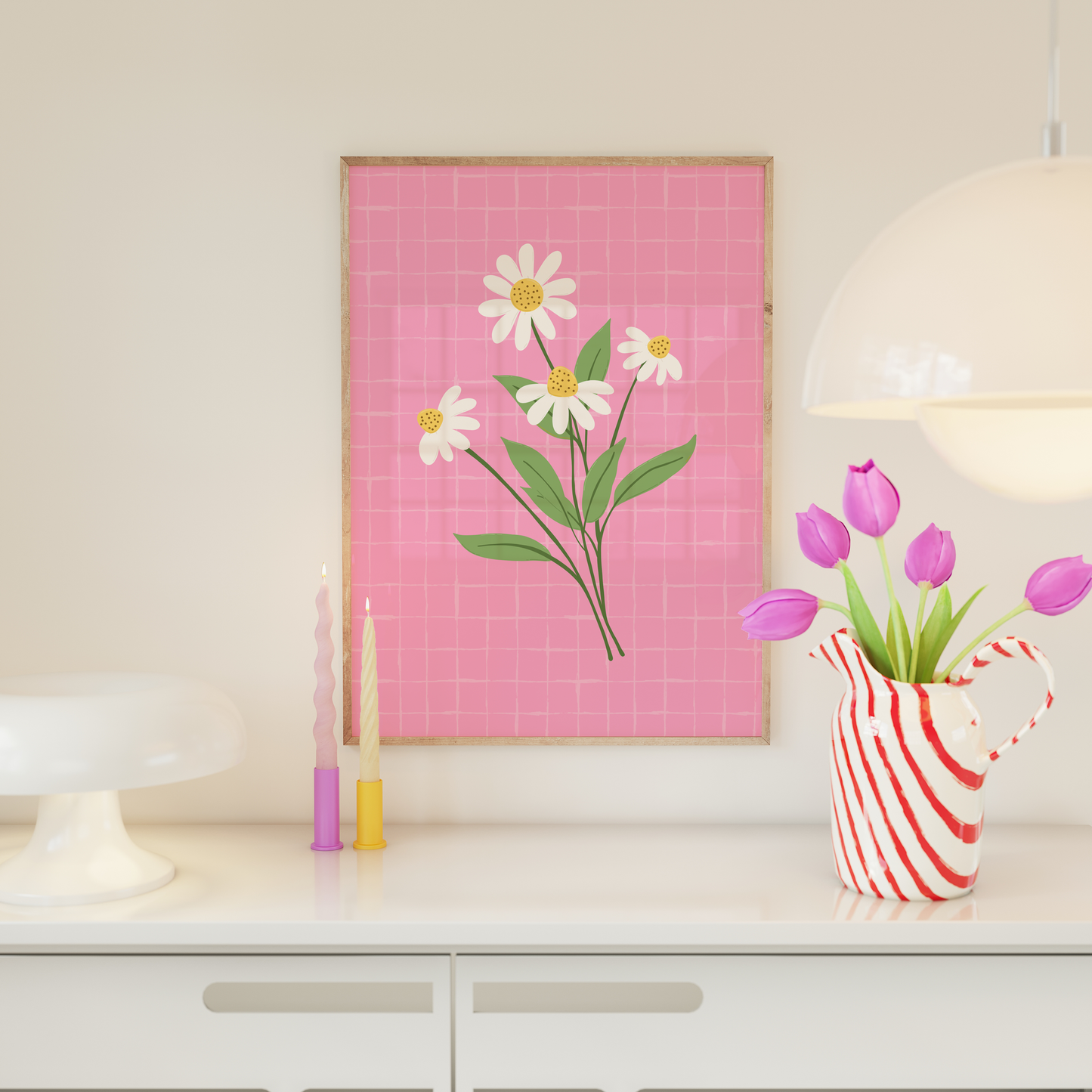 A bright pink print, with an illustration of a bunch of daisies on it.
