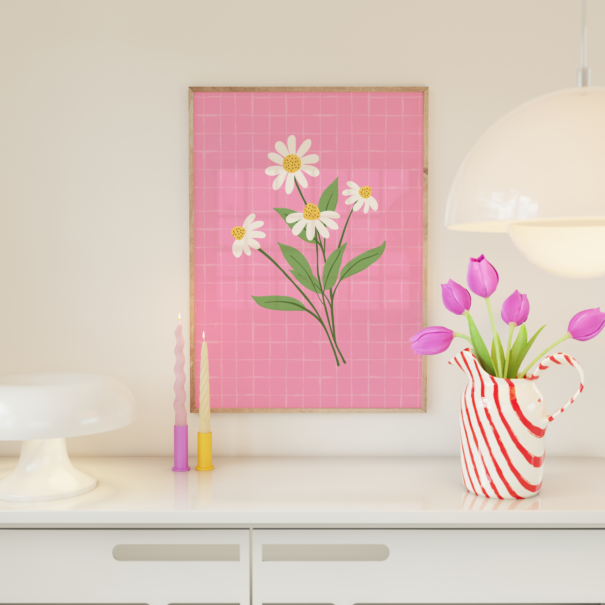 A bright pink print, with an illustration of a bunch of daisies on it.
