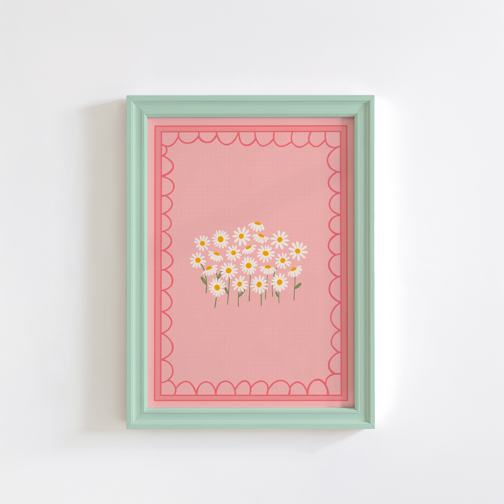 A pink print with an illustration of a bunch of white daisies on, with a scalloped pink border.