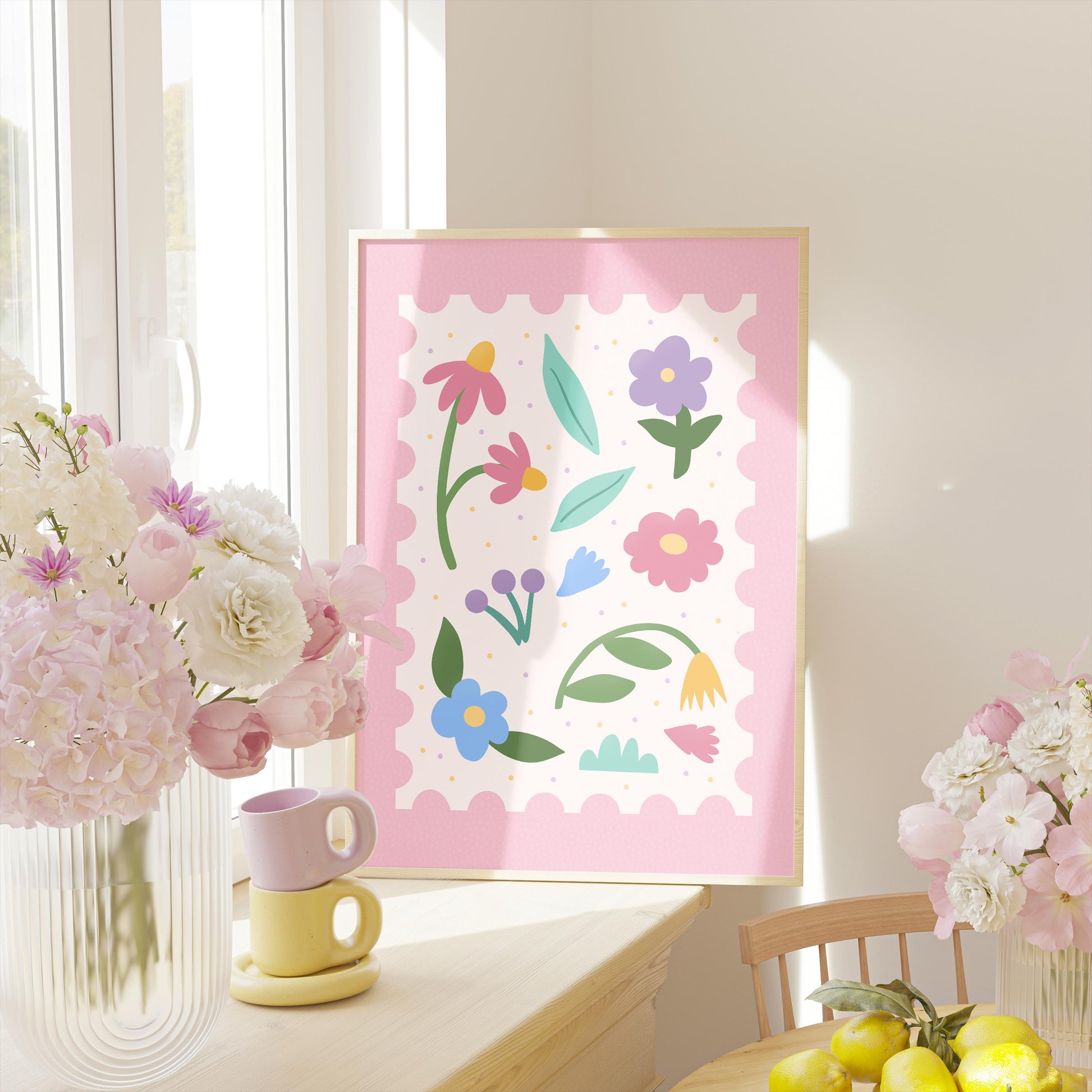 A cute pink print of several floral elements with a wavy pink border.