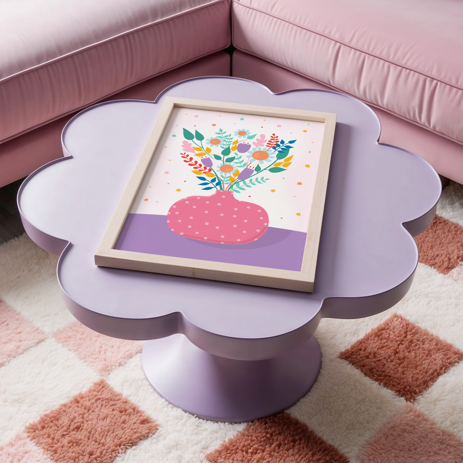 A pink vase with multi coloured flowers in, on a pale pink and purple background. 