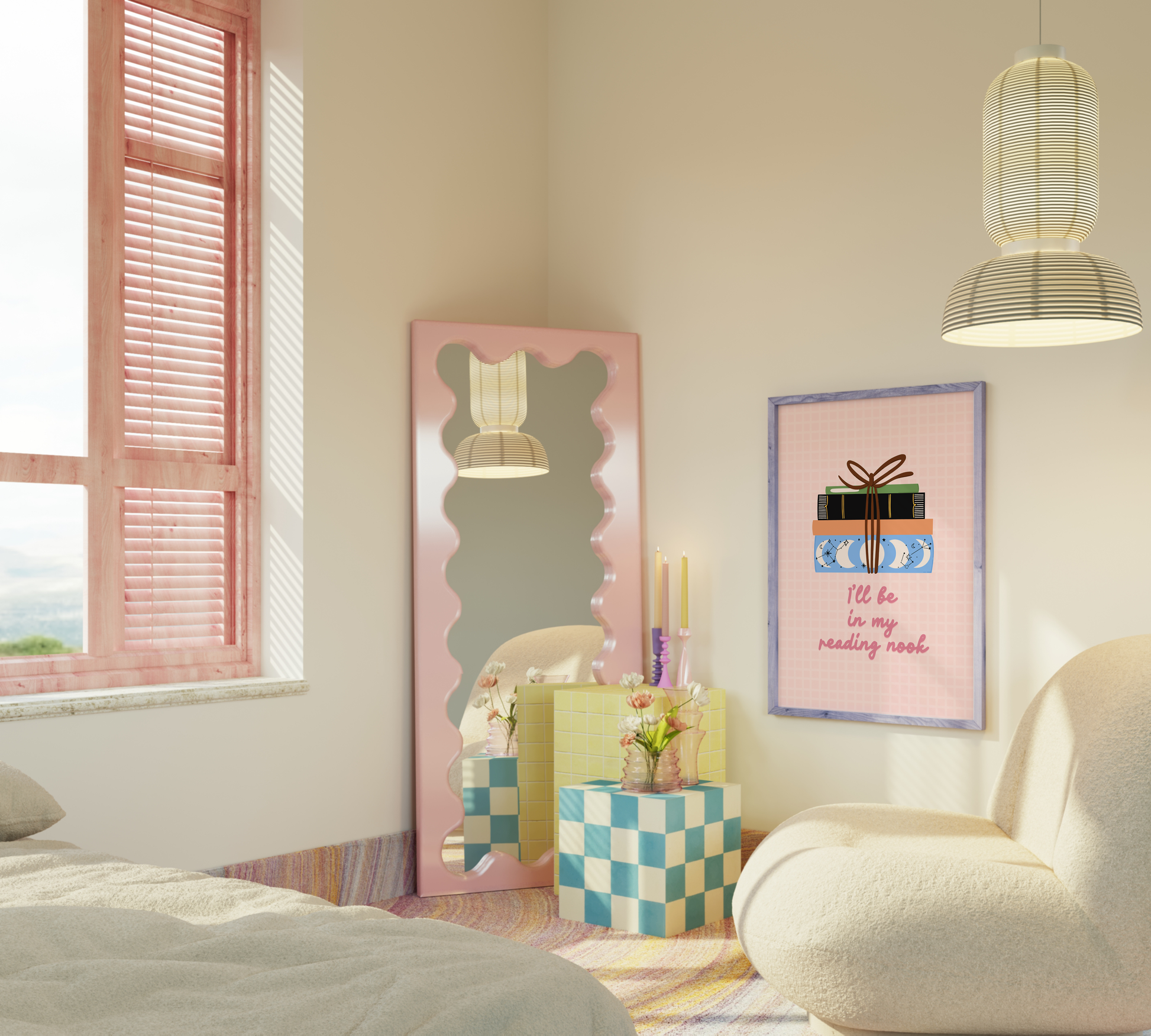 A cute pink print, featuring an illustration of a pack of books, and the quote 'I'll be in my reading nook' underneath.