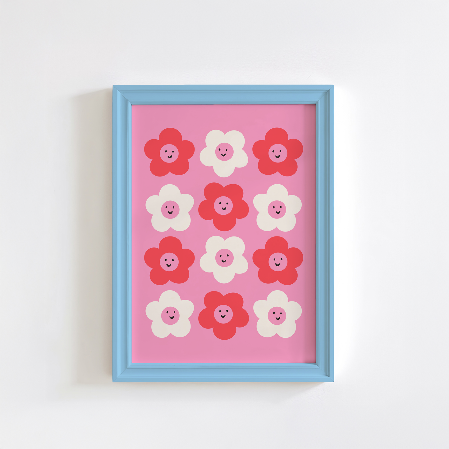 A pink background print, with 12 smiling daisies on, in dark pink and white.