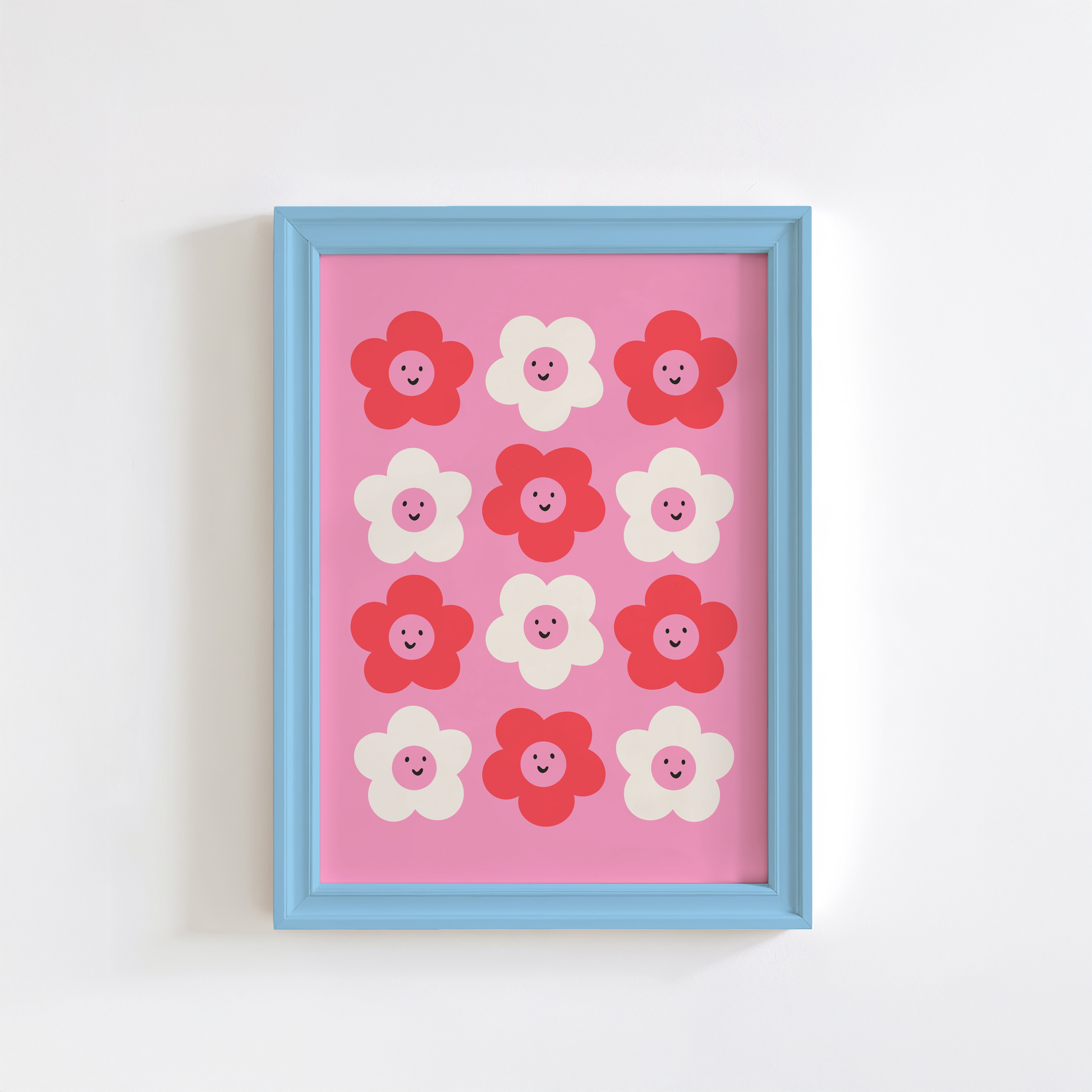 A pink background print, with 12 smiling daisies on, in dark pink and white.