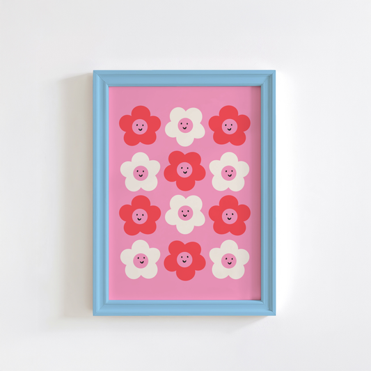 A pink background print, with 12 smiling daisies on, in dark pink and white.