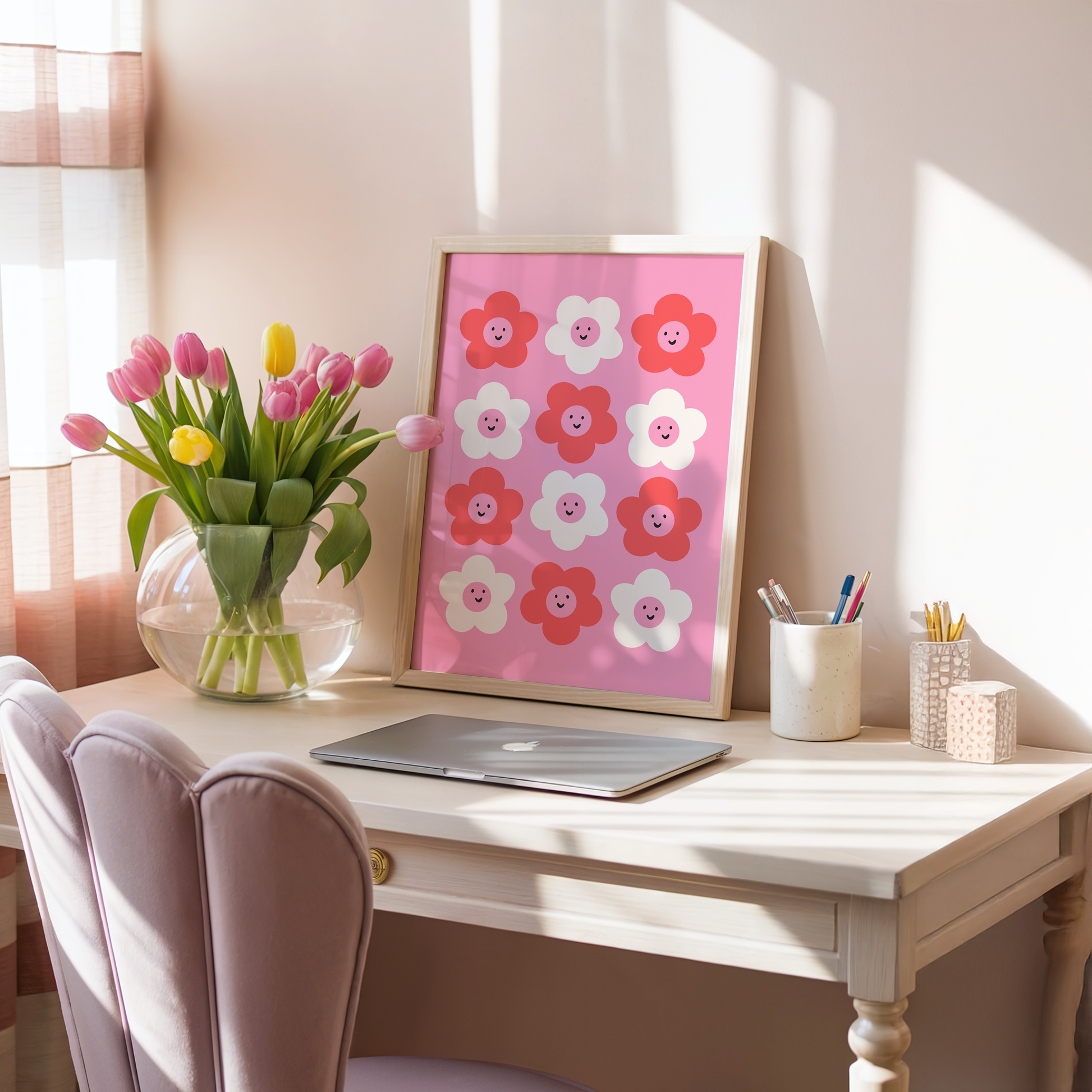 A pink background print, with 12 smiling daisies on, in dark pink and white.