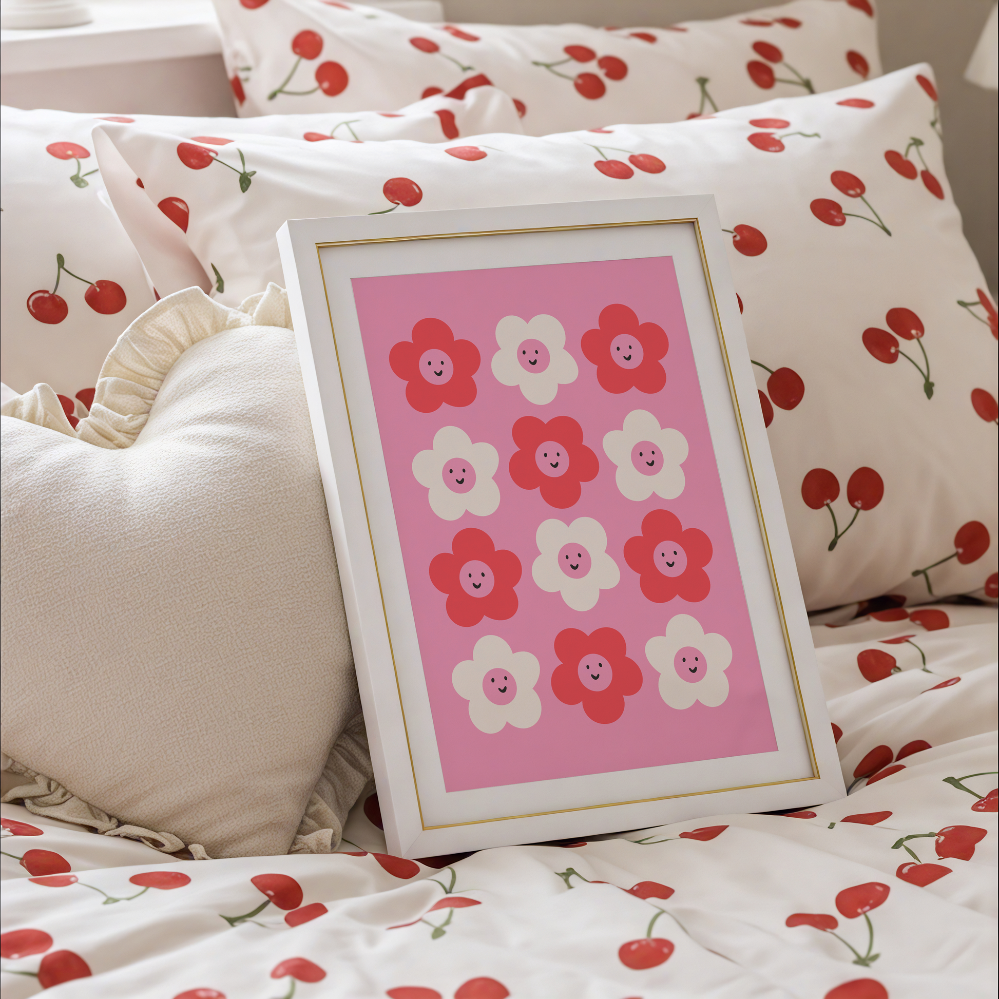 A pink background print, with 12 smiling daisies on, in dark pink and white.