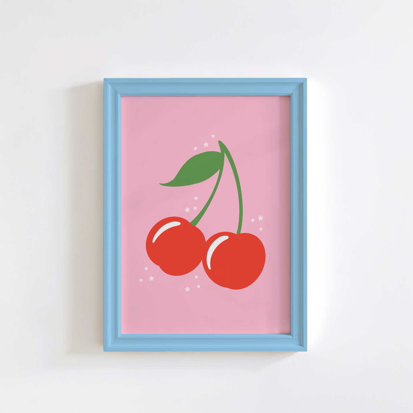 A bright pink print showing a cute illustration of red cherries.