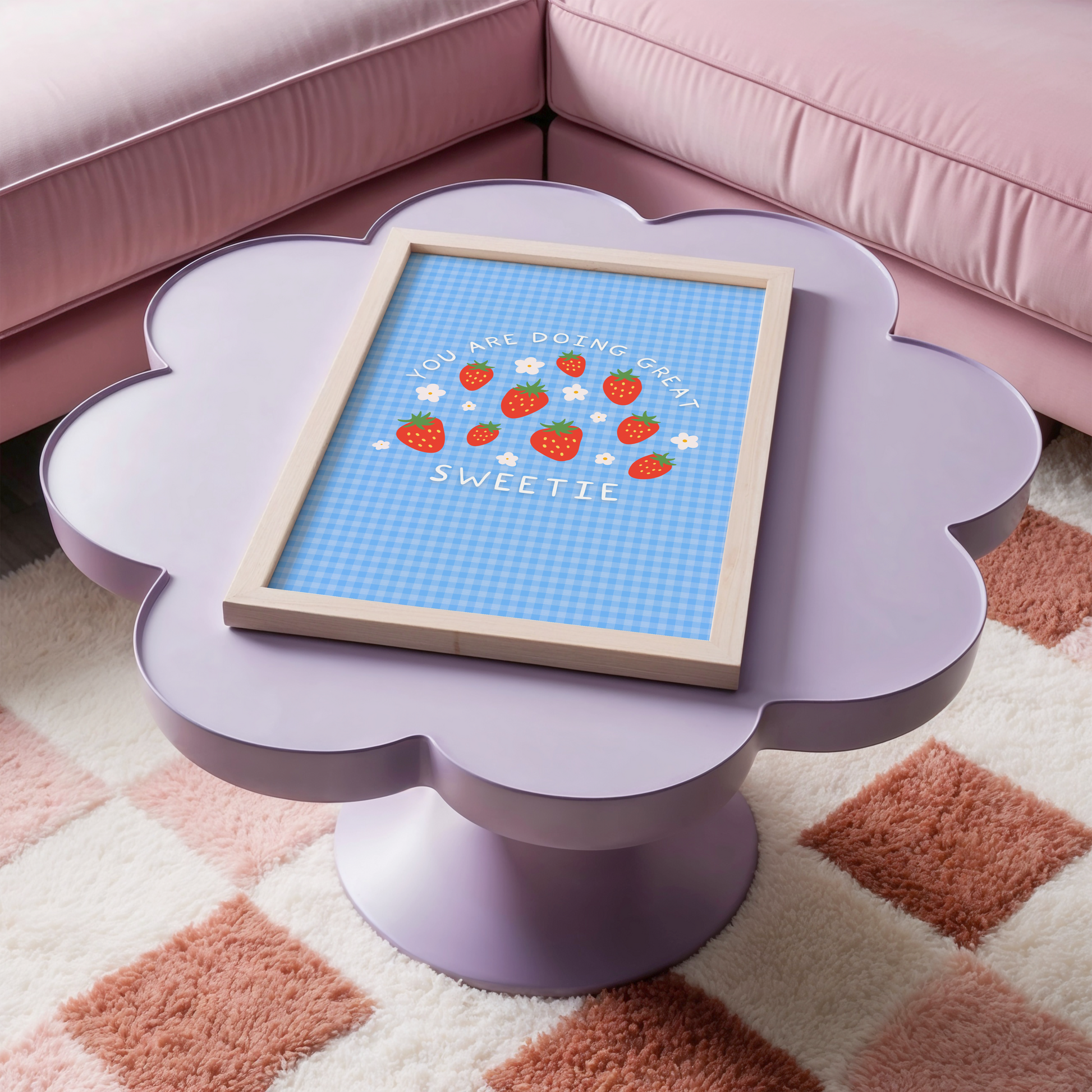 A blue gingham print, with white text that reads 'you are doing great sweetie' wrapped around strawberry and daisy illustrations in the centre.