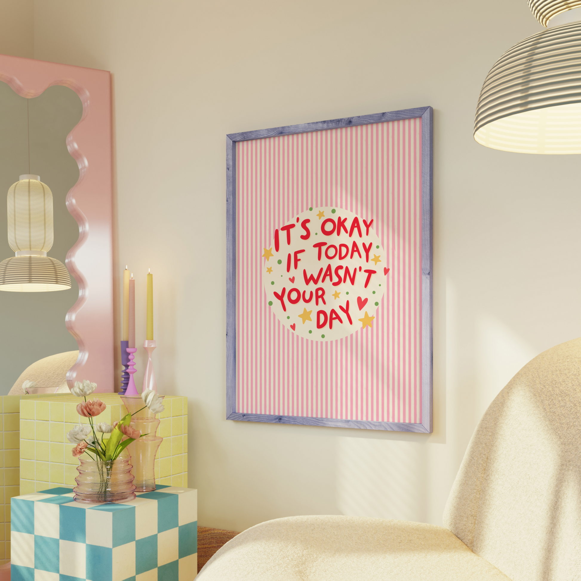 A red striped artwork, shown in a frame, with a motivational quote in the centre, decorated with stars and hearts.