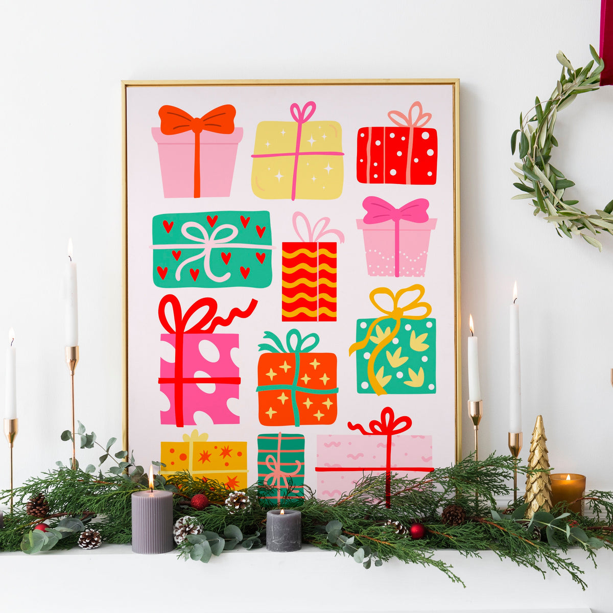 An illustrated Christmas print featuring lots of brightly coloured wrapped up Christmas presents on a pinkish white background.