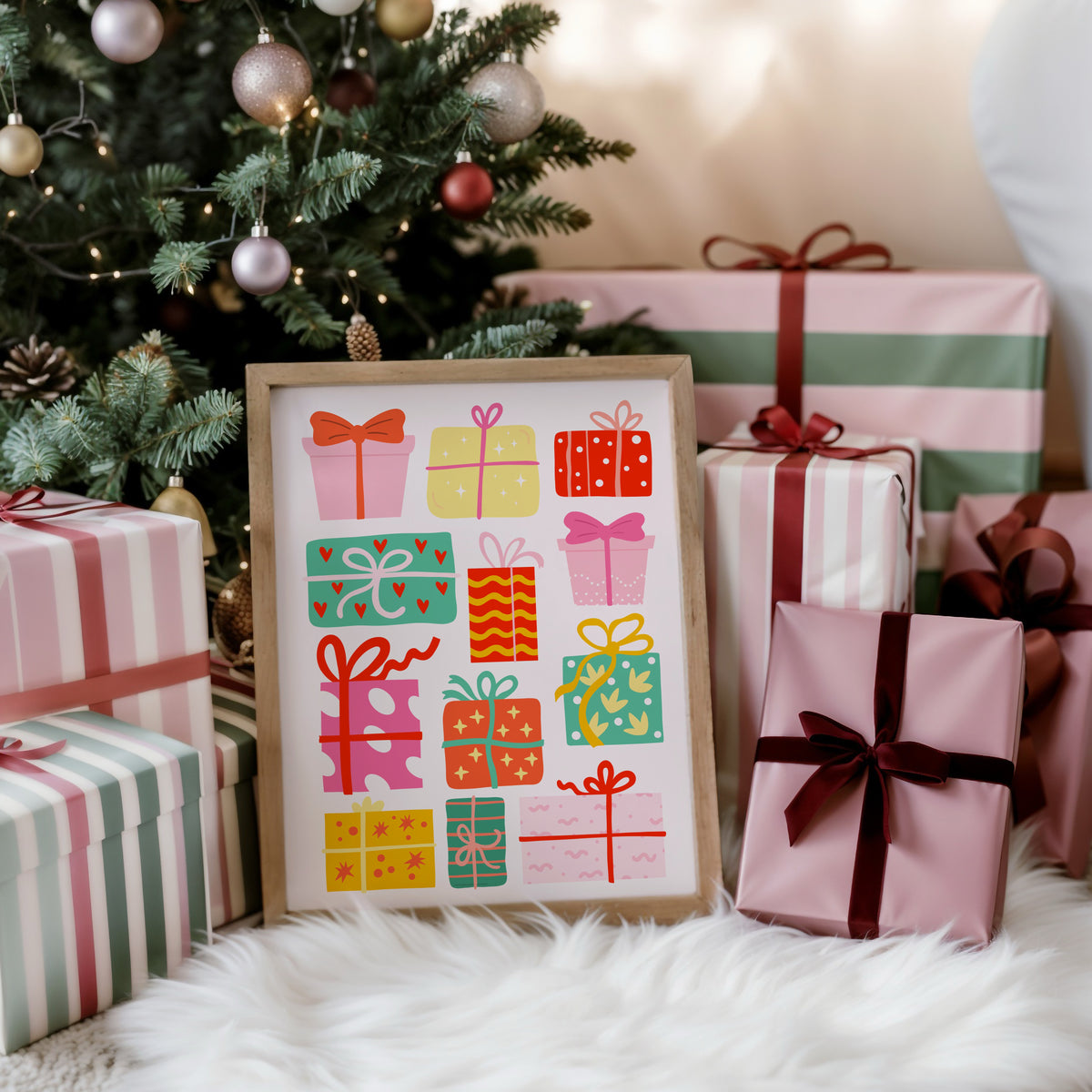 An illustrated Christmas print featuring lots of brightly coloured wrapped up Christmas presents on a pinkish white background.