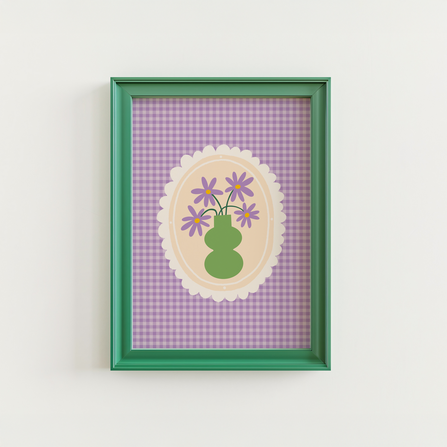 A purple gingham print, with a scalloped frame illustration in the centre. Inside the frame is an illustration of a green vase with purple daisies.