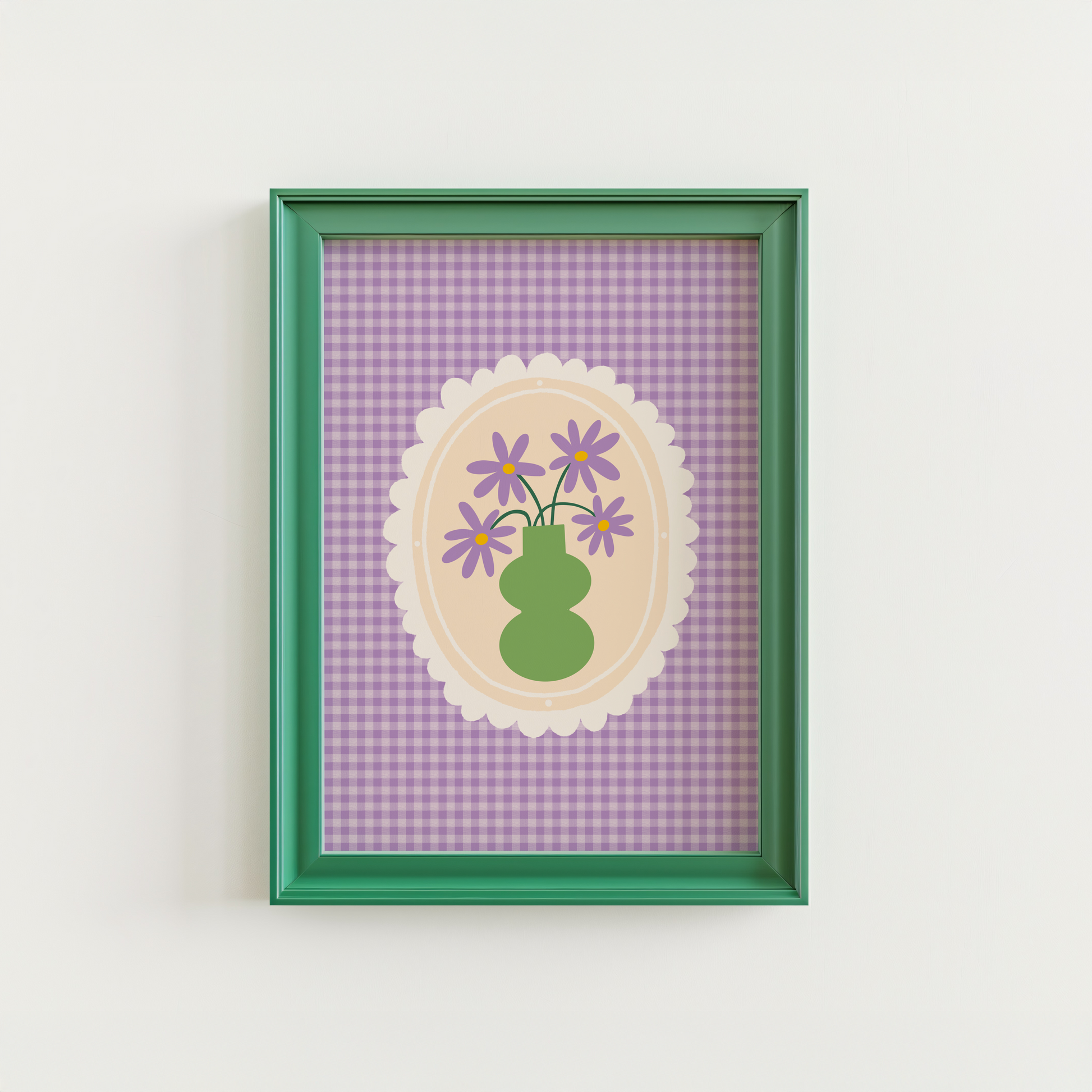 A purple gingham print, with a scalloped frame illustration in the centre. Inside the frame is an illustration of a green vase with purple daisies.