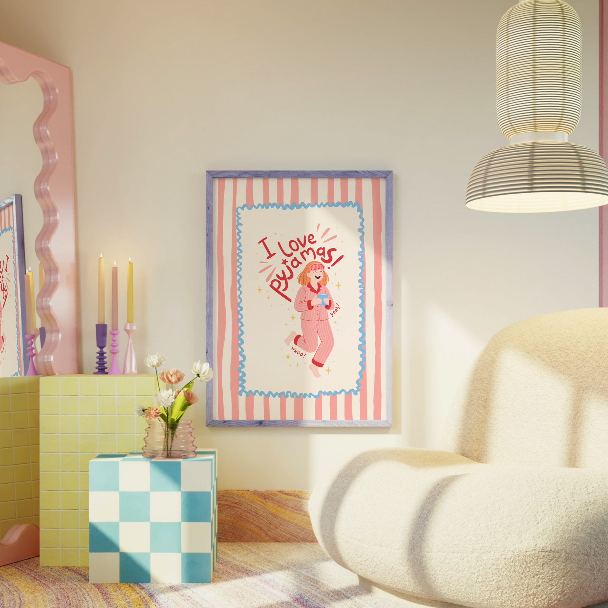 Decorative room with a pink mirror, framed artwork, and a white armchair.