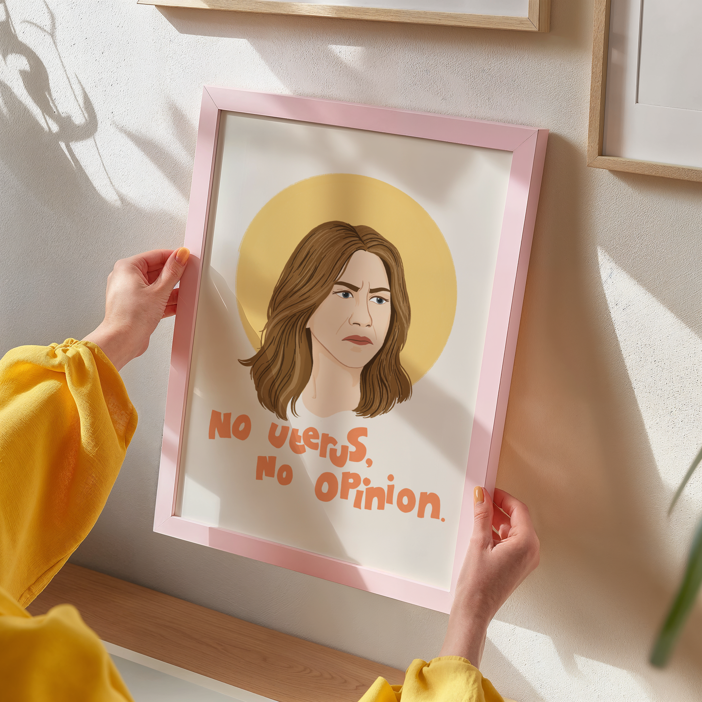 An illustrated portrait print of Rachel Green from friends, with a funny quote that reads 'no uterus, no opinion'.