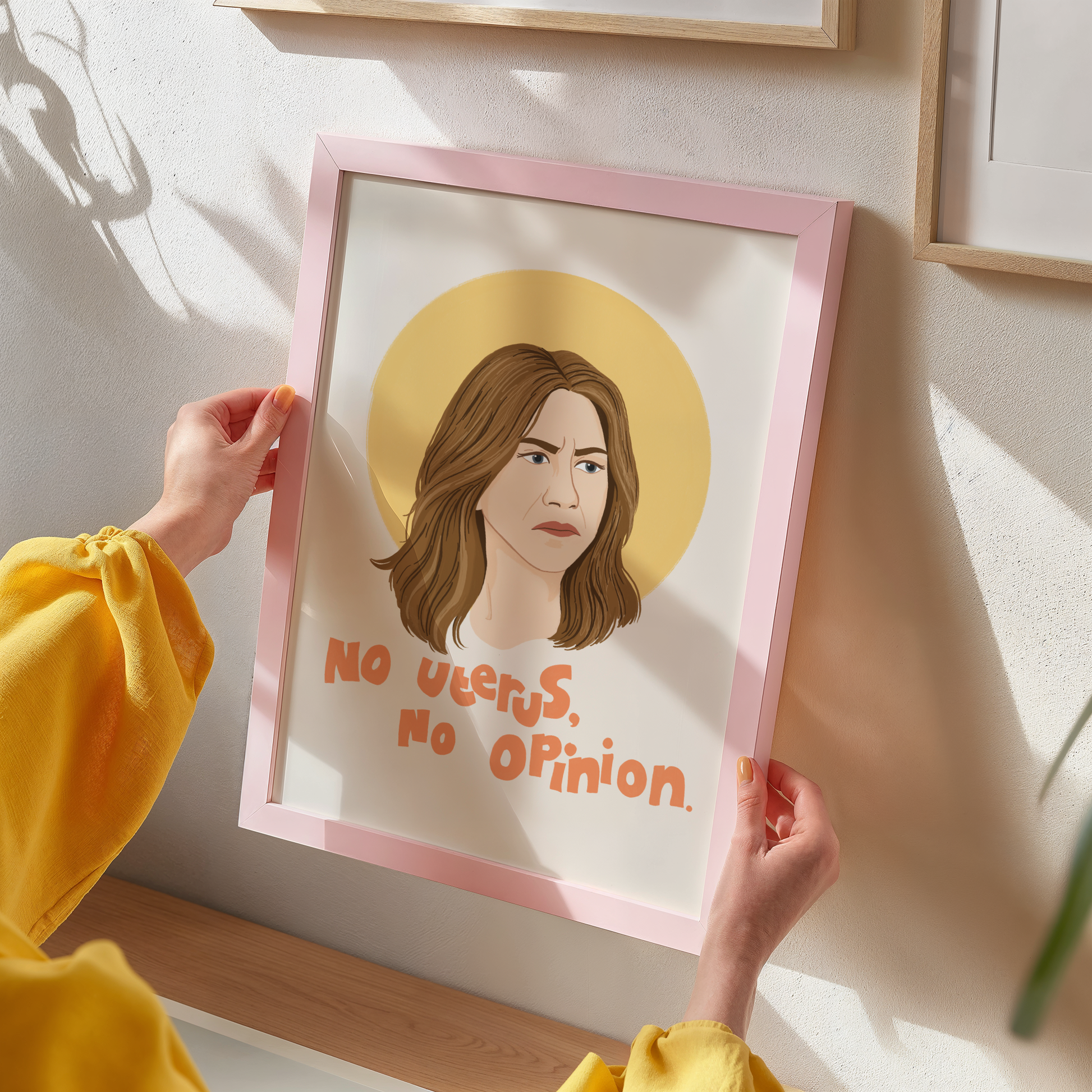 An illustrated portrait print of Rachel Green from friends, with a funny quote that reads 'no uterus, no opinion'.