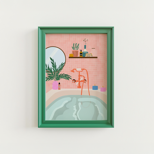 A detailed illustration print, of a colourful bathroom scene. The print features a bathtub, with orange tiling and bathroom plants and accessories.