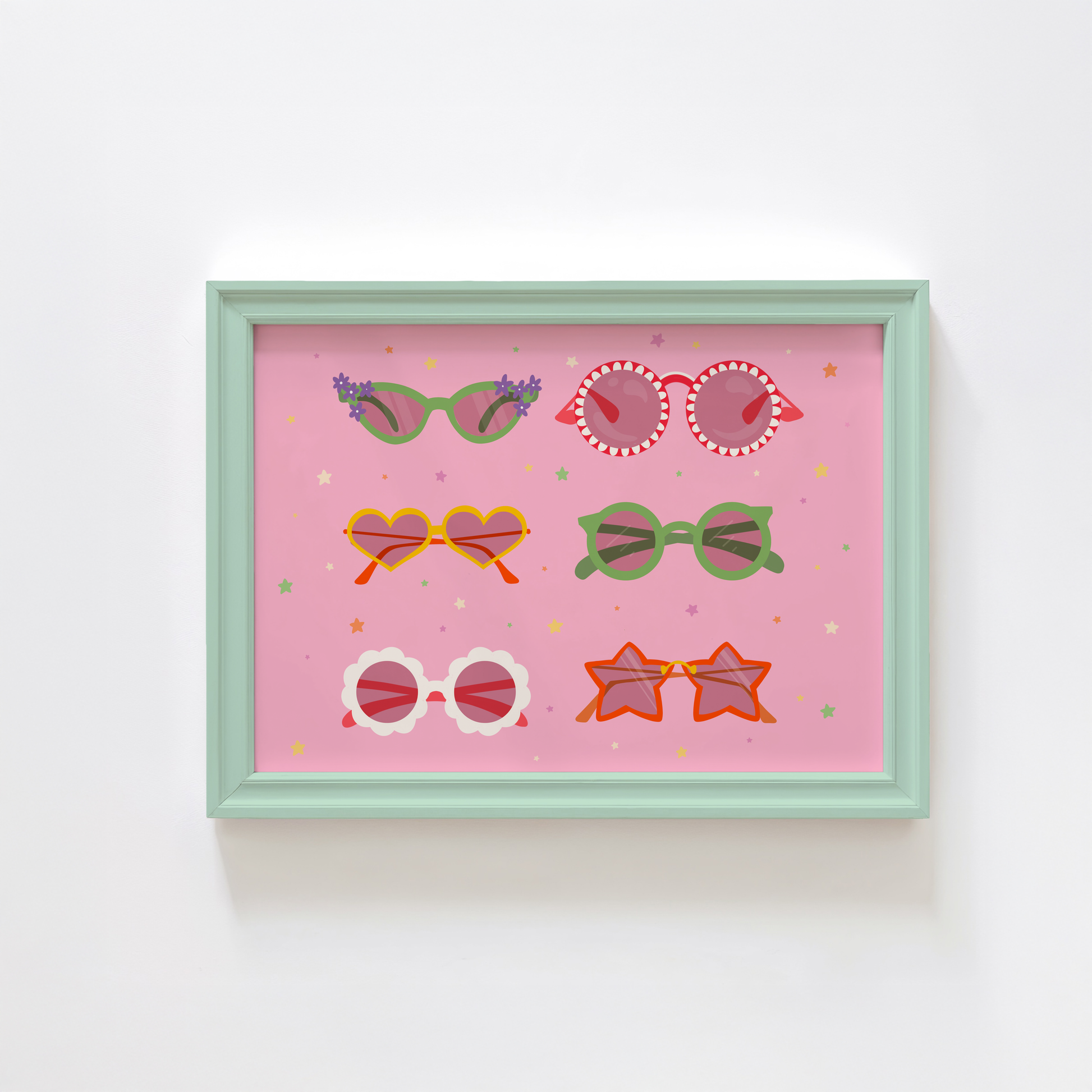 A pink print, with 6 pairs of different colourful sunglasses illustrated, in all different shapes. The background of the print is decorated with little colourful star illustrations.