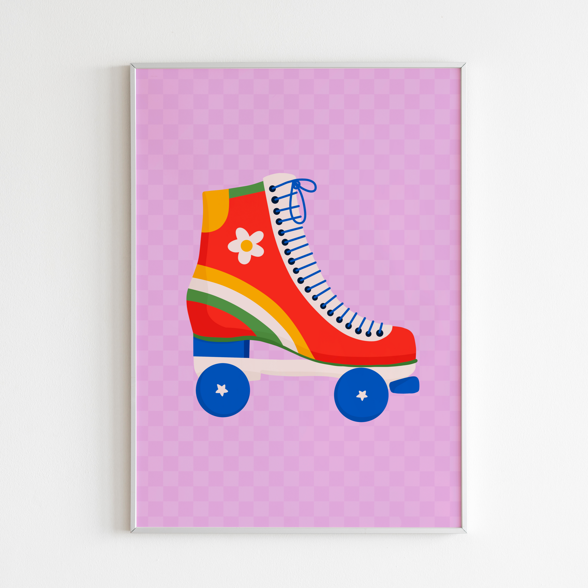 A bright purple print with an illustration of roller skates in bright vivid retro colours in the centre.