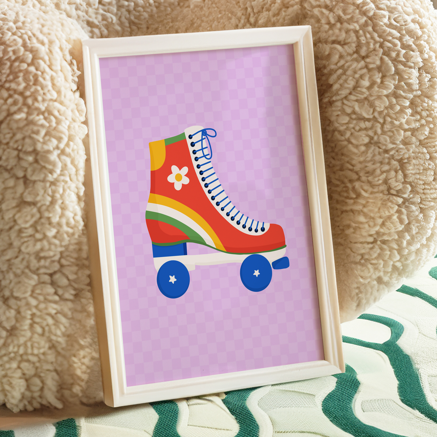 A bright purple print with an illustration of roller skates in bright vivid retro colours in the centre.