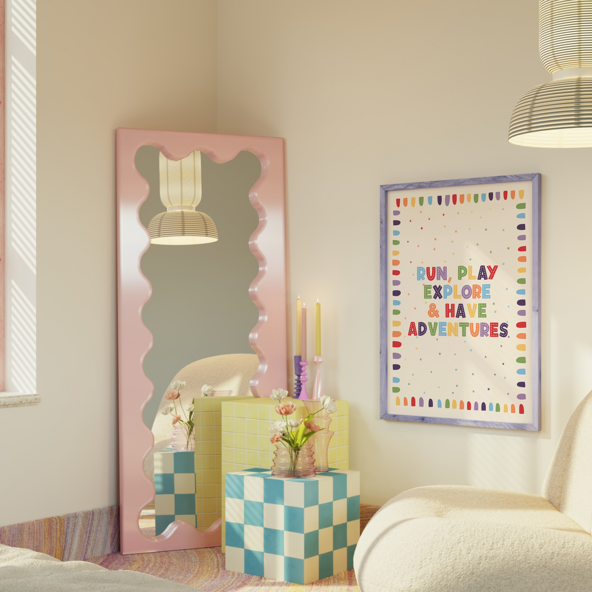 An art print with colourful text reading 'RUN, PLAY, EXPLORE & HAVE ADVENTURES'.