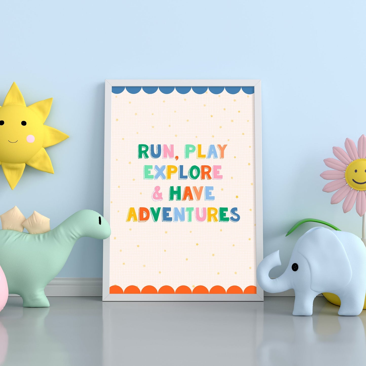 A colourful print for kids rooms or nurseries, saying 'run, play, explore & have adventures'.