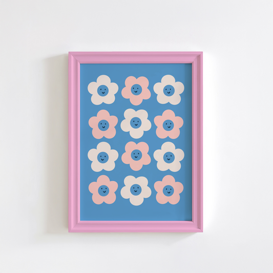 12 smiling daisies, in shades of pink and beige, on a bright blue background.