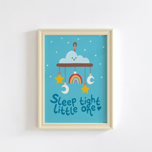 A blue print with an illustration of a children's mobile, and the words 'sleep tight little one' underneath.