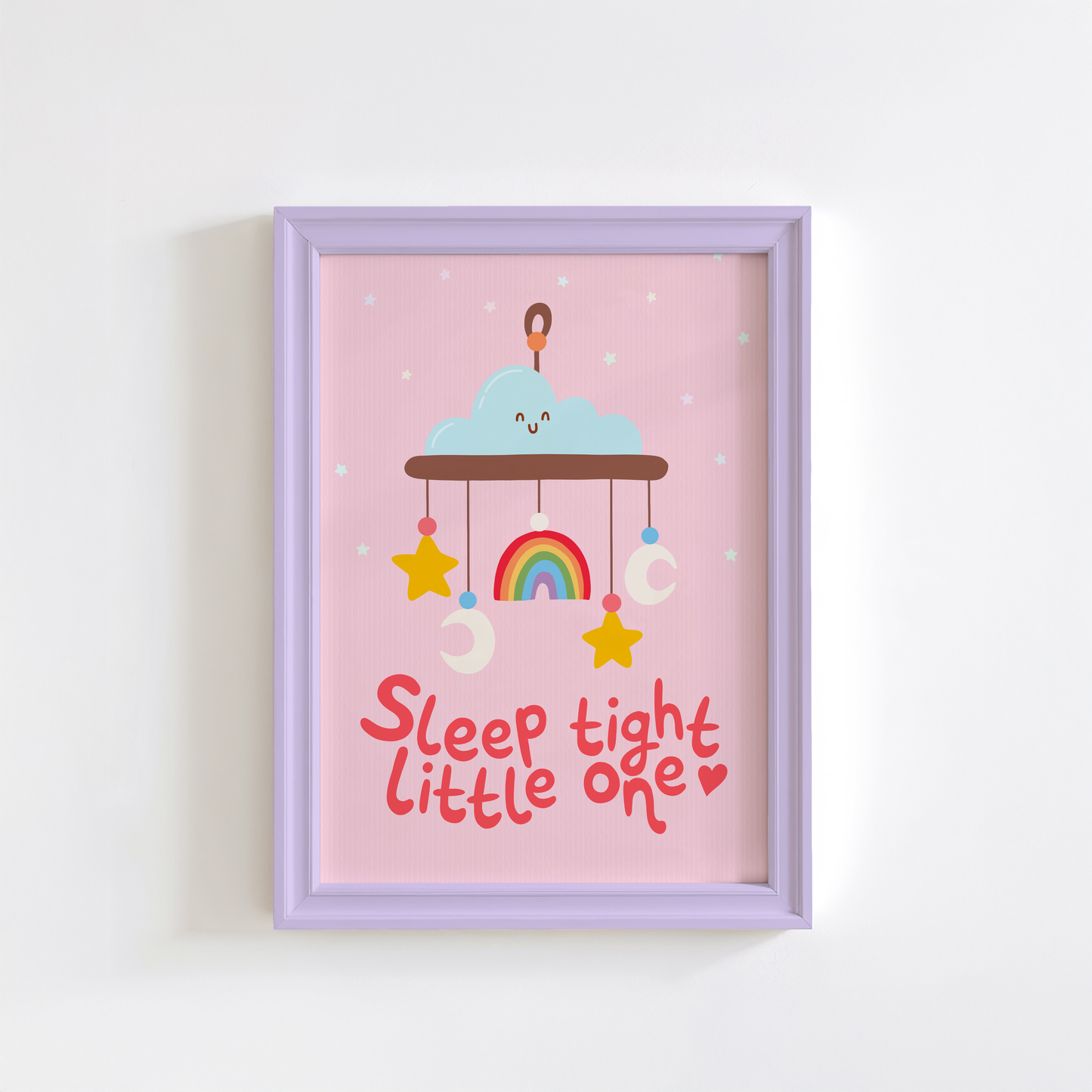A pink print with an illustration of a children's mobile, and the words 'sleep tight little one' underneath.