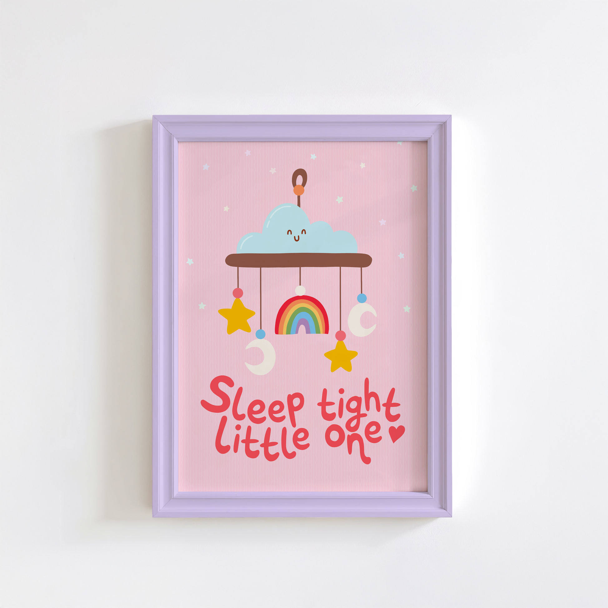 A pink print with an illustration of a children's mobile, and the words 'sleep tight little one' underneath.