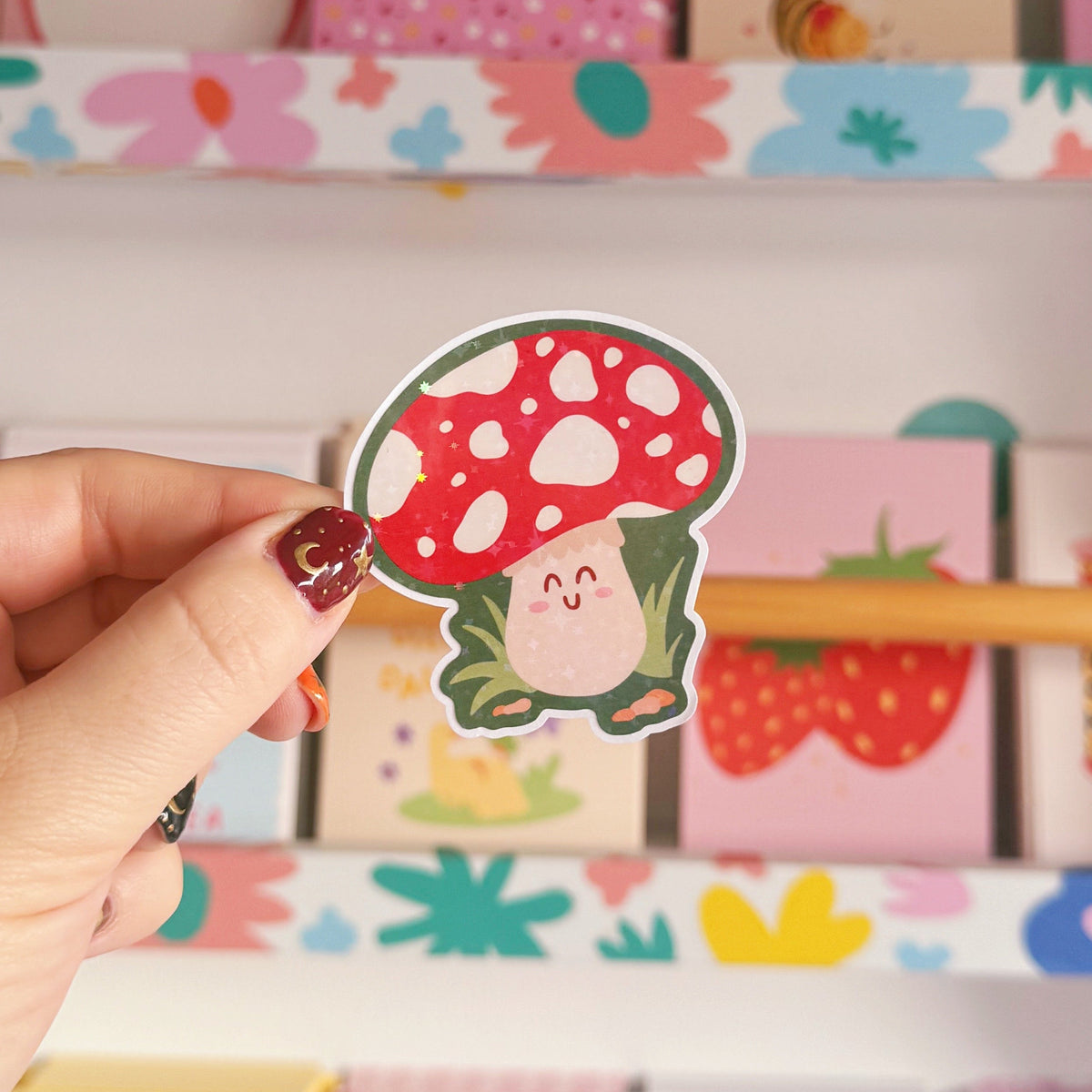 Smiling Mushroom Sticker - Holographic Sticker