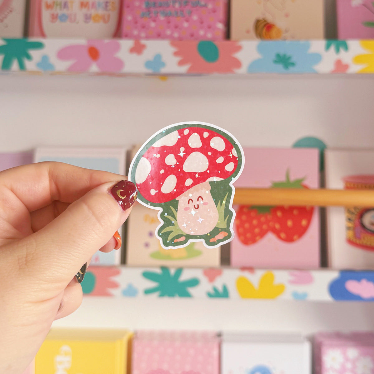 Smiling Mushroom Sticker - Holographic Sticker