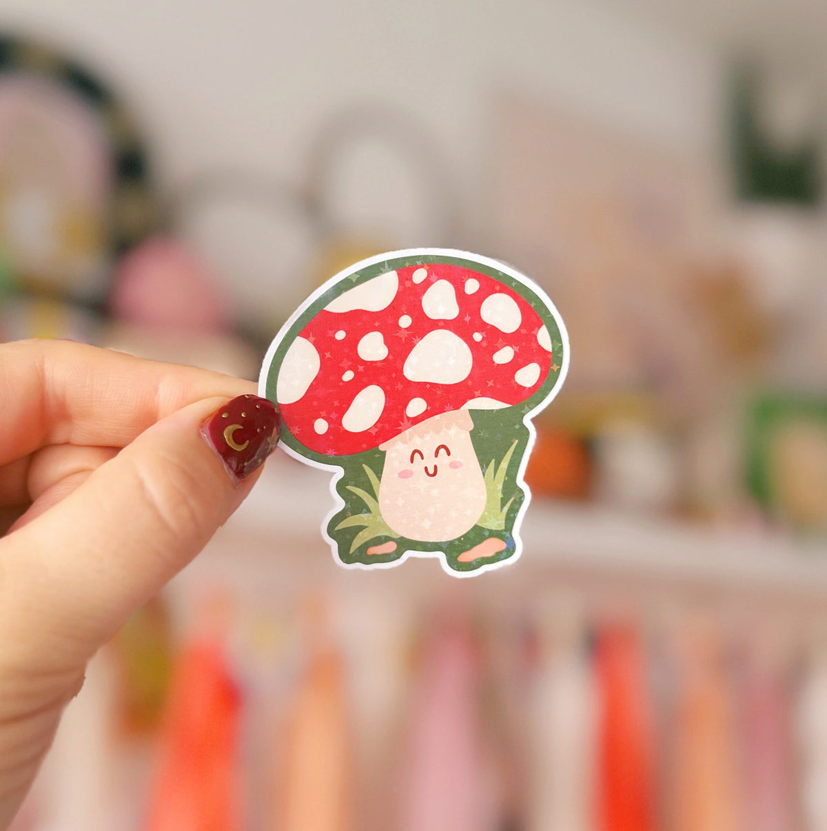 Smiling Mushroom Sticker - Holographic Sticker