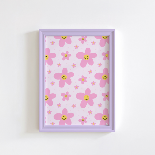 A bright pink print showing cute illustrations of smiling flowers.