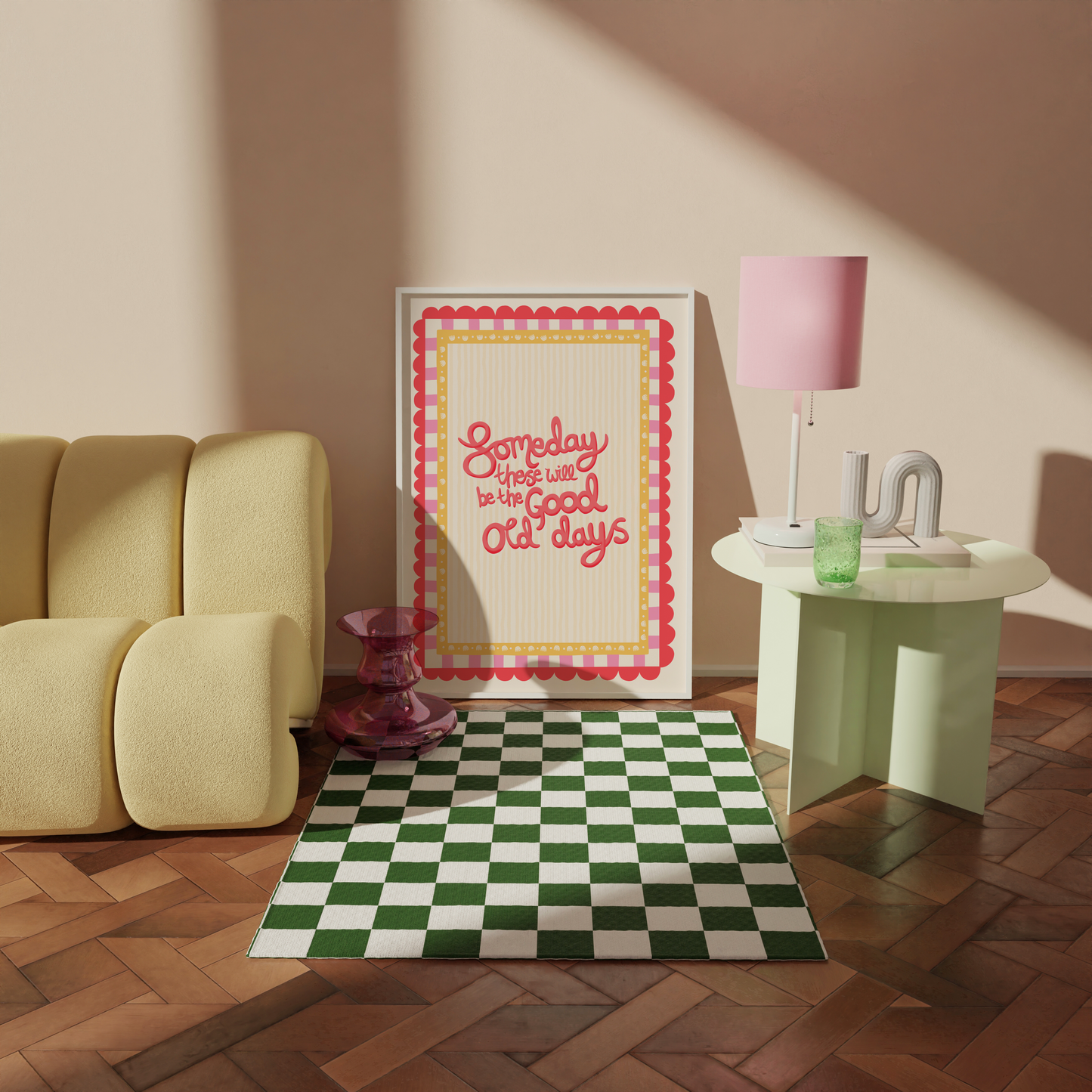Living room with a yellow sofa, checkered rug, and framed quote on the wall.